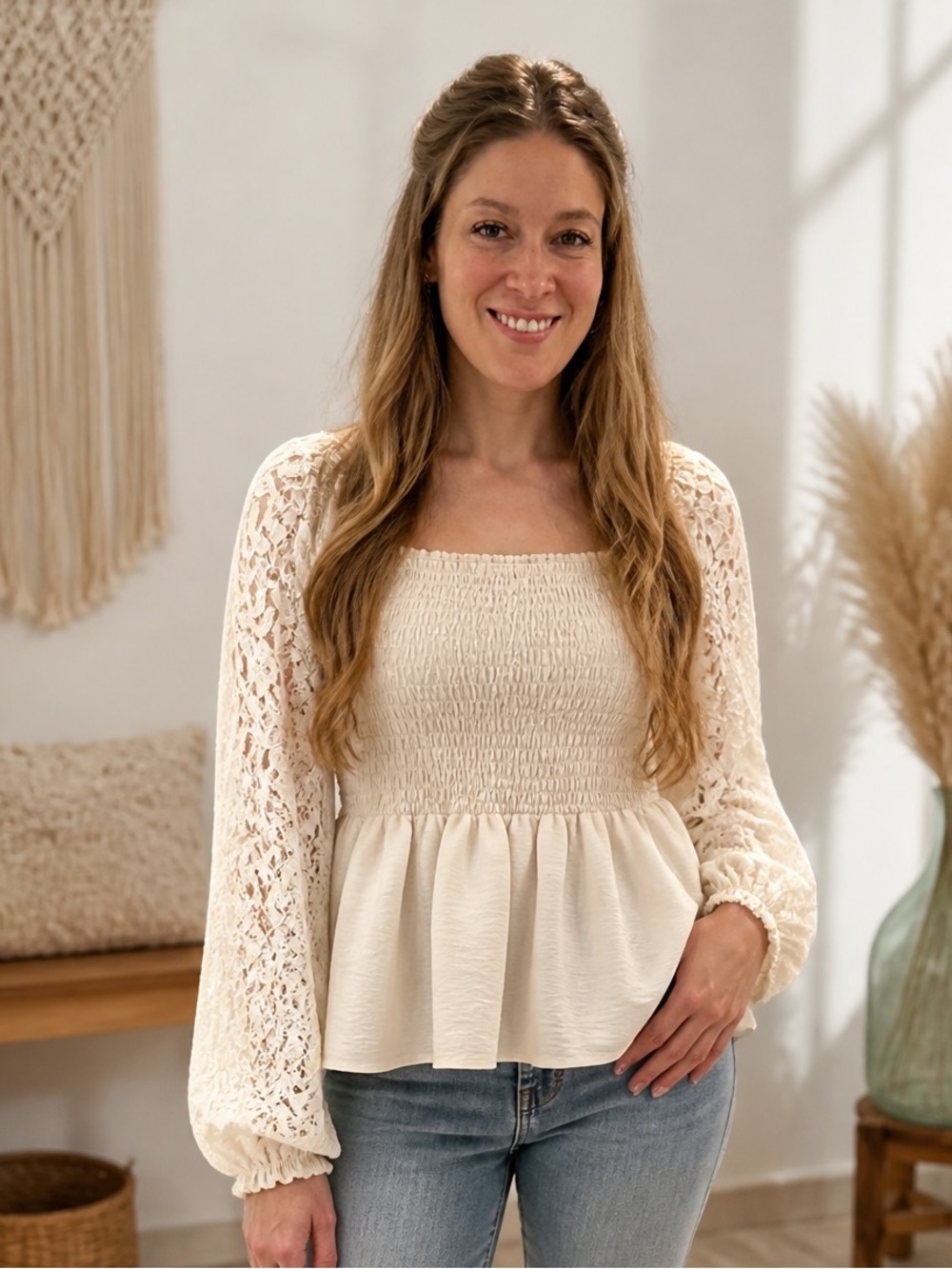 116 NWT BiBi Cream Lace Smocked Blouse